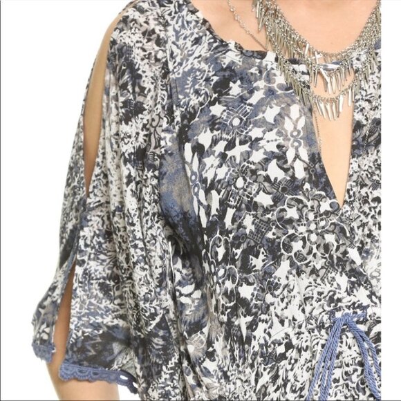 Free People blue printed Love Birds  mini dress / long tunic bohemian w/pockets - Picture 8 of 16